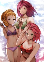 Rule 34 | 3girls, bikini, blonde hair, breasts, chienon, cleavage, closed mouth, collarbone, faris scherwiz, final fantasy, final fantasy v, green bikini, green eyes, hair ornament, hair scrunchie, highres, krile mayer baldesion (ff5), large breasts, lenna charlotte tycoon, multiple girls, navel, pink hair, ponytail, purple bikini, purple hair, red bikini, scrunchie, short hair, small breasts, smile, striped bikini, striped clothes, swimsuit
