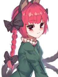 Rule 34 | 1girl, animal ears, black bow, blush, bow, braid, cat ears, dress, frills, from side, green dress, hair bow, highres, juliet sleeves, kaenbyou rin, long hair, long sleeves, looking at viewer, multiple tails, puffy sleeves, red eyes, red hair, simple background, smile, solo, tail, touhou, twin braids, two tails, upper body, white background, yanyan (shinken gomi)