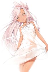 Rule 34 | 1girl, absurdres, bare arms, bare shoulders, blush, bow, breasts, brown eyes, chloe von einzbern, collarbone, commentary request, dark-skinned female, dark skin, dress, eyebrows hidden by hair, fate/kaleid liner prisma illya, fate (series), floating hair, head tilt, highres, lifted by self, long hair, looking at viewer, no panties, parted lips, pink hair, see-through, see-through silhouette, silver (chenwen), skirt hold, sleeveless, sleeveless dress, small breasts, solo, very long hair, white background, white bow, white dress