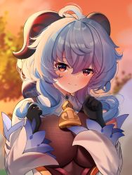 Rule 34 | ahoge, bare shoulders, bell, black gloves, blue hair, blush, breasts, curled horns, detached sleeves, ganyu (genshin impact), genshin impact, gloves, highres, horns, l1quid neko, long hair, looking at viewer, medium breasts, multicolored eyes, neck bell, outdoors, sidelocks, smile, solo, upper body, white sleeves, wide sleeves