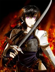 Rule 34 | armor, ayra (fire emblem), black hair, breastplate, earrings, fire, fire emblem, fire emblem: genealogy of the holy war, fire emblem heroes, highres, holding, holding sword, holding weapon, jewelry, long hair, nintendo, pauldrons, purple eyes, shoulder armor, signature, sword, tempenite, weapon