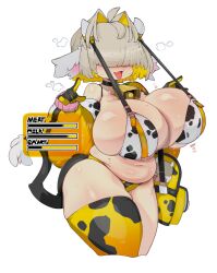 1girl absurdres ahoge animal_ears animal_print bell belly bikini blonde_hair blush breasts cow_ears cow_girl cow_horns cow_print cow_print_bikini cow_print_thighhighs cow_tail elegg_(nikke) goddess_of_victory:_nikke hair_intakes hair_over_eyes highres horns huge_breasts long_bangs multicolored_hair navel neck_bell open_mouth plump print_bikini print_thighhighs shiny_skin short_hair simple_background skindentation slugbox smile solo standing strap sweat swimsuit tail thick_thighs thighhighs thighs two-tone_hair white_background