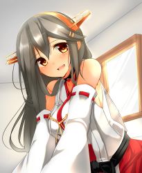 Rule 34 | 10s, 1girl, arm support, bare shoulders, black hair, blush, breasts, detached sleeves, hair ornament, hairband, hairclip, haruna (kancolle), heart, highres, indoors, kantai collection, large breasts, long hair, looking at viewer, looking to the side, nontraditional miko, open mouth, ribbon-trimmed sleeves, ribbon trim, sideboob, skirt, smile, solo, tsukui kachou, upper body, v arms, window