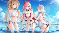 Rule 34 | 3girls, ahoge, ass, beach, bikini, black bikini, blonde hair, blue eyes, breasts, cleavage, dangmyo, day, frilled bikini, frills, front-tie bikini top, front-tie top, hair ribbon, halterneck, hands on own thighs, hat, heterochromia, highres, horns, leaning forward, long hair, long sleeves, looking at viewer, medium breasts, mismatched bikini, multicolored hair, multiple girls, navel, ocean, one side up, open mouth, orange eyes, outdoors, pink hair, red bikini, red eyes, resolution mismatch, ribbon, shrug (clothing), side-tie bikini bottom, slippers, small breasts, smile, source larger, stomach, straw hat, streaked hair, string bikini, sunlight, swimsuit, tail, thigh strap, tinsgoo project, twintails, very long hair, virtual youtuber, wading, water, white bikini, white hair, yellow eyes