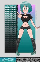 Rule 34 | 1girl, absurdres, aurora (novabreaker), black shirt, black shorts, black socks, border, breasts, crop top, detached sleeves, double v, english text, full body, gradient background, gradient hair, green eyes, green footwear, green hair, grey border, highres, jeremias, kneehighs, looking at viewer, medium breasts, midriff, multicolored hair, novabreaker, shiny skin, shirt, shoes, short hair, shorts, skin tight, smile, sneakers, socks, standing, streetwear, thighs, tight clothes, v, water