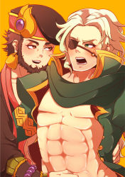 Rule 34 | 2boys, armband, bare pectorals, beard, blonde hair, bracelet, brown eyes, earrings, eyepatch, facial hair, green eyes, gungho online entertainment, jewelry, multiple boys, muscular, odin (p&amp;d), ookuninushi (p&amp;d), open clothes, open mouth, open shirt, pectorals, puzzle &amp; dragons, scarf, shirt