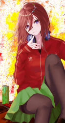 Rule 34 | 1girl, adidas, black pantyhose, blue eyes, brown hair, closed mouth, commentary request, go-toubun no hanayome, green skirt, hair between eyes, handheld game console, highres, jacket, miniskirt, nakano miku, nintendo switch, pantyhose, pleated skirt, red jacket, skirt, soda, solo, stellanfleuret
