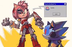 Rule 34 | 1boy, 1girl, 9474s0ul, amy rose, animal ears, animal nose, armor, artist name, blue armor, bracelet, cyborg, eyelashes, fake animal ears, furry, furry female, gold bracelet, green eyes, grey background, hairband, hands up, hedgehog ears, hedgehog girl, jewelry, metal sonic, open mouth, pink fur, pointing, pointing at another, red armor, red eyes, red hairband, robot, rusty rose, simple background, sonic (series), sonic prime, standing, teeth