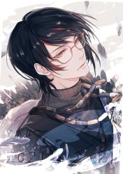 Rule 34 | 1boy, arknights, bead necklace, beads, black hair, black vest, glasses, gnosis (arknights), highres, jewelry, looking at viewer, male focus, multicolored hair, necklace, red hair, short hair, streaked hair, tsuwai, turtleneck, upper body, vest, yellow eyes
