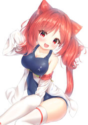 Rule 34 | 1girl, :d, animal ears, arms up, azur lane, bare shoulders, blush, breasts, cat ears, cat tail, collarbone, hands in opposite sleeves, head tilt, highres, i-19 (azur lane), long hair, looking at viewer, off shoulder, open mouth, red eyes, red hair, school swimsuit, sidelocks, simple background, sitting, smile, solo, swimsuit, tail, thighhighs, twintails, wafthil, white background, white thighhighs