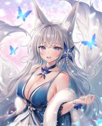 Rule 34 | 1girl, :d, animal ear fluff, animal ears, azur lane, bare shoulders, blue butterfly, blue dress, blue eyes, blurry, blush, breasts, bug, butterfly, choker, cleavage, covered erect nipples, depth of field, dress, feather boa, fox ears, fox girl, fur, glowing, grey hair, hair ornament, highres, insect, jewelry, large breasts, light particles, long hair, looking at viewer, mirukurim, multiple tails, open mouth, pendant, revision, ribbon, sash, shawl, shinano (azur lane), shinano (dreams of the hazy moon) (azur lane), sleeveless, sleeveless dress, smile, solo, tail, upper body, wrist ribbon