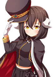 Rule 34 | 1girl, ame., azur lane, blush, brown cape, brown eyes, brown hair, brown hat, brown jacket, brown skirt, cape, closed mouth, commentary request, curled horns, gloves, hair between eyes, hand up, hat, highres, holding, holding clothes, holding hat, horns, jacket, long hair, long sleeves, looking at viewer, midriff, mikasa (azur lane), mikasa (style of the sakura capital) (azur lane), military, military hat, military uniform, multicolored cape, multicolored clothes, navel, peaked cap, pleated skirt, red cape, simple background, skirt, smile, solo, uniform, unworn hat, unworn headwear, very long hair, white background, white gloves