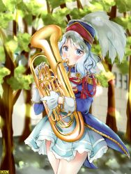 Rule 34 | 1girl, bad id, bad pixiv id, band uniform, blue eyes, blurry, blurry background, blush, copyright name, day, epaulettes, euphonium, gloves, hat, hat feather, instrument, looking at viewer, marching band, mikanpicture27, music, official art, omc, outdoors, playing instrument, silver hair, solo, standing, white gloves