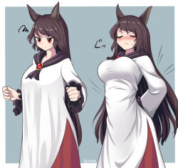 Rule 34 | 1girl, breasts, brown hair, closed eyes, closed mouth, dress, igu (103milk), imaizumi kagerou, large breasts, long hair, long sleeves, multiple views, sweat, taut clothes, touhou, v-shaped eyebrows, very long hair, white dress