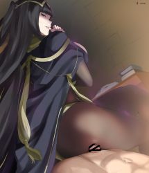 Rule 34 | 1boy, 1girl, absurdres, ass, back, bad id, bad pixiv id, black bodysuit, black cape, black hair, blunt bangs, bodystocking, bodysuit, book, breasts, bridal gauntlets, buttjob, buttjob over clothes, cafekun, cape, circlet, fire emblem, fire emblem awakening, grin, highres, large breasts, long hair, looking at viewer, looking back, navel, nintendo, penis, purple eyes, sitting, sitting on person, skin tight, smile, tharja (fire emblem), two side up