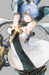 Rule 34 | 1girl, armor, armpits, arms up, azur lane, bare shoulders, blue hair, blush, breasts, choker, commentary request, dress, expressionless, floating headgear, gascogne (azur lane), gauntlets, greaves, headgear, highres, looking at viewer, nyucha, short hair, solo, strapless, strapless dress, weapon, white dress, yellow eyes