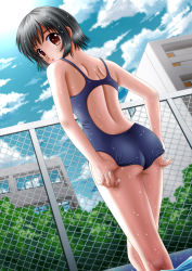 Rule 34 | 1girl, :o, adjusting clothes, adjusting swimsuit, ass, back, bare arms, bare legs, black eyes, brown eyes, building, chain-link fence, day, fence, ilolamai, nail polish, one-piece swimsuit, original, outdoors, school swimsuit, solo, swimsuit, water, wet