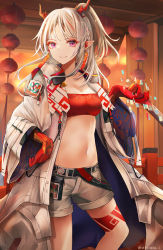 Rule 34 | 1girl, absurdres, arknights, bandeau, braid, coat, commentary request, eyeshadow, grey shorts, half updo, hand up, highres, holding, horns, huge filesize, long hair, looking at viewer, makeup, midriff, navel, nian (arknights), open clothes, open coat, partial commentary, pointy ears, purple eyes, shorts, silver hair, smile, solo, standing, stomach, strapless, sukuemon, thighs, tube top, white coat