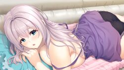 Rule 34 | 1girl, ass, blue eyes, blush, breast press, breasts, couch, cushion, eyebrows hidden by hair, feet out of frame, female focus, game cg, hozumi kaoru, huge breasts, indoors, itsu made mo musuko no mama ja irarenai! 3, jewelry, legs, light purple hair, long hair, looking at viewer, lying, minegishi satomi, off shoulder, on stomach, original, panties, parted lips, ring, solo, thighs, underwear, wedding band