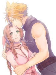 Rule 34 | 1boy, 1girl, aerith gainsborough, ancotsubu, arm around shoulder, unworn armor, bangle, bare arms, belt, blonde hair, blue pants, blue shirt, bracelet, braid, braided ponytail, breasts, brown hair, choker, closed eyes, cloud strife, couple, dress, earrings, final fantasy, final fantasy vii, final fantasy vii remake, green eyes, hair ribbon, hand on another&#039;s arm, highres, jewelry, kiss, kissing forehead, medium breasts, multiple belts, multiple bracelets, pants, parted bangs, pink dress, ribbon, shirt, single earring, sleeveless, sleeveless turtleneck, spiked hair, square enix, turtleneck, upper body, white background