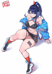 Rule 34 | 1girl, :/, absurdres, artist logo, black hair, blue eyes, blue jacket, breasts, cleavage, closed mouth, commentary, gridman universe, highres, jacket, juaag acgy, large breasts, leg tattoo, long hair, looking at viewer, multicolored clothes, multicolored jacket, navel, off shoulder, official alternate costume, official alternate hairstyle, open clothes, open jacket, ponytail, red socks, red trim, sitting, socks, solo, ssss.gridman, takarada rikka, takarada rikka (solarain toys), tattoo, thick thighs, thigh strap, thighs, two-tone footwear, white background, white footwear, white jacket
