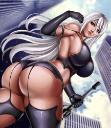 Rule 34 | 1girl, a2 (nier:automata), absurdres, ass, breasts, city, cityscape, cleavage, curvy, female focus, flowerxl, garter belt, highres, large breasts, looking ahead, nier, nier:automata, nier (series), solo, sword, thighhighs, video game character, weapon