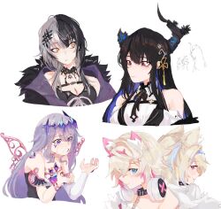 Rule 34 | 6+girls, animal ears, asymmetrical horns, back-to-back, black hair, blonde hair, blue eyes, blue hair, breasts, cleavage, collar, colored inner hair, crying, dog ears, dog girl, fuwamoco, fuwawa abyssgard, fuwawa abyssgard (1st costume), grey hair, headphones, headphones around neck, highres, holoadvent, hololive, hololive english, horns, koseki bijou, koseki bijou (1st costume), long hair, lucesamaaa, medium breasts, mococo abyssgard, mococo abyssgard (1st costume), mori calliope, multicolored hair, multiple girls, nerissa ravencroft, nerissa ravencroft (1st costume), ouro kronii, pink eyes, purple eyes, red eyes, shiori novella, shiori novella (1st costume), siblings, sisters, spiked collar, spikes, split-color hair, twins, uneven horns, virtual youtuber, white background, white hair, yellow eyes