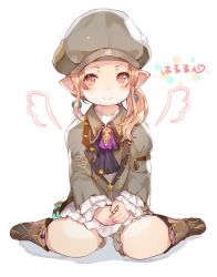 Rule 34 | 10s, 1girl, blush, boots, brown eyes, brown hair, cabbie hat, earrings, final fantasy, final fantasy xiv, full body, hat, jacket, jewelry, lalafell, momoko (momopoco), own hands together, pointy ears, side ponytail, sidelocks, simple background, smile, solo, warrior of light (ff14), white background