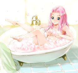 Rule 34 | 00s, 1girl, alternate hairstyle, arm support, armpits, barefoot, bath, bathing, bathroom, bathtub, blue eyes, blush, breasts, bubble, bubble bath, claw foot bathtub, completely nude, darry adai, faucet, feet, foam, from side, full body, hair down, indoors, legs, legs up, long hair, looking down, maimu, nipples, nude, parted lips, partially submerged, pink hair, reclining, sketch, small breasts, solo, tengen toppa gurren lagann, tile floor, tiles, towel