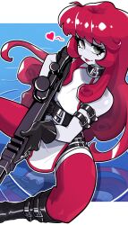 Rule 34 | 1girl, absurdres, belt, black choker, black footwear, black gloves, black straps, boots, choker, colored skin, dress, gloves, grey shirt, grey skin, gun, heart, highres, holding, holding gun, holding weapon, long hair, looking at viewer, muds, multiple belts, neon red, neon white, red hair, red lips, rifle, shirt, sleeveless, sleeveless dress, smile, sniper rifle, solo, spoken heart, thigh strap, variant set, weapon, white dress