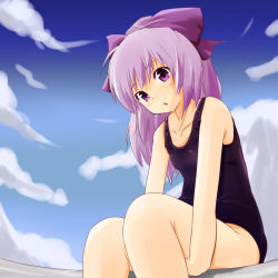 Rule 34 | 1girl, 3.1-tan, black one-piece swimsuit, blush, bow, breasts, cloud, collarbone, hair bow, long hair, looking at viewer, one-piece swimsuit, open mouth, os-tan, ponytail, purple eyes, purple hair, school swimsuit, sitting, sky, small breasts, swimsuit, vallerg