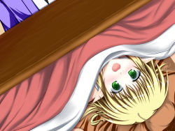Rule 34 | 1girl, blonde hair, blush, dutch angle, female focus, green eyes, hoshizuki (seigetsu), kotatsu, mizuhashi parsee, open mouth, pointy ears, short hair, solo, surprised, table, touhou, under kotatsu, under table, upside-down