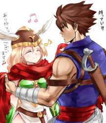 Rule 34 | 1boy, 1girl, armor, armored dress, blonde hair, braid, brown hair, capcom, closed eyes, colorized, green armor, head wings, helmet, long hair, muscular, musical note, nagare, namco, ninja, project x zone, project x zone 2, scarf, strider (video game), strider hiryuu, sword, translation request, valkyrie, valkyrie (vnd), valkyrie no densetsu, weapon, winged helmet, wings