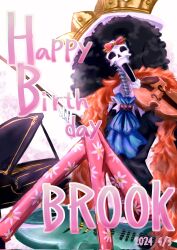 1boy afro ascot black_hair black_jacket blue_ascot bow_(music) brook_(one_piece) character_name commentary_request crown dated eyewear_on_head feather_boa floral_print guitar happy_birthday highres holding holding_instrument holding_violin instrument jacket male_focus one_piece pants piano pink_pants skeleton smile solo stingray3628 violin