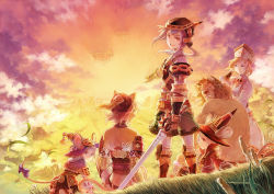 Rule 34 | 1boy, 5girls, animal ears, armor, bad id, bad pixiv id, cloud, fantasy, floating island, from behind, grass, hakou (barasensou), hat, lime odyssey, looking back, mouse ears, mouse tail, multiple girls, nature, original, scenery, short hair, sitting, sunset, sword, tail, twilight, weapon, wizard hat