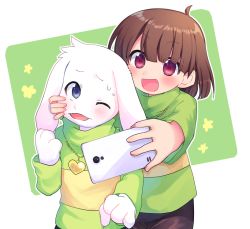 Rule 34 | 1boy, 1girl, asriel dreemurr, black shorts, blue eyes, brown hair, chara (undertale), furry, furry male, green background, green sweater, heart, heart necklace, holding, holding phone, jewelry, long sleeves, looking at another, matching outfits, necklace, one eye closed, open mouth, phone, red eyes, selfie, shorts, smile, striped clothes, striped sweater, sweat, sweater, undertale, white background, xox xxxxxx