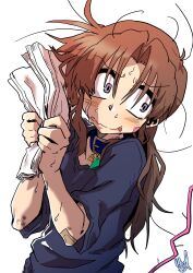 Rule 34 | 1girl, absurdres, bandaid, bandaid on cheek, bandaid on face, blue shirt, brown hair, bruise, bruise on arm, ed-chan (edkuroki), edkuroki, gauze on arm, gauze on cheek, grey eyes, hair intakes, highres, holding, holding paper, injury, messy hair, nervous sweating, open mouth, original, paper, pink tail, shirt, signature, simple background, solo, surprised, sweat, wavy mouth, white background, wide-eyed