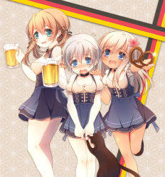 Rule 34 | 10s, 3girls, :d, alcohol, anchor hair ornament, anchor symbol, anju (meipurusanchi), beer, beer mug, blonde hair, blue eyes, cat, commentary request, cup, dirndl, fang, flower, flying sweatdrops, food, german clothes, german flag, germany, girl sandwich, hair flower, hair ornament, kantai collection, long hair, low twintails, matching outfits, mug, multiple girls, open mouth, pretzel, prinz eugen (kancolle), ro-500 (kancolle), sandwiched, short hair, short sleeves, silver hair, smile, tan, twintails, unsinkable sam, wavy mouth, z1 leberecht maass (kancolle)