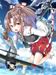 Rule 34 | 10s, 1girl, :d, aircraft, airplane, bad id, bad pixiv id, blush, bow (weapon), brown eyes, brown hair, cloud, cloudy sky, commentary request, day, gloves, hachimaki, headband, hitsujibane shinobu, kantai collection, long hair, looking at viewer, matching hair/eyes, muneate, open mouth, partially fingerless gloves, partly fingerless gloves, ponytail, single glove, sky, smile, solo, weapon, wide sleeves, yugake, zuihou (kancolle)