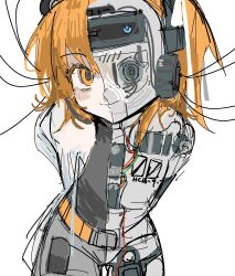 Rule 34 | 1girl, a.i. voice, adachi rei, android, arms behind back, belt, bisaytin, cable, closed mouth, cowboy shot, grey shorts, hair ribbon, hashtag-only commentary, headgear, highres, jacket, leaning forward, looking at viewer, mechanical parts, medium hair, open clothes, open jacket, orange belt, orange eyes, orange hair, power symbol, ribbon, see-through body, shorts, simple background, sketch, smile, solo, split theme, standing, utau, white background, white jacket, white ribbon