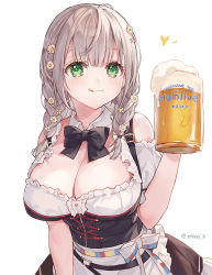 Rule 34 | 1girl, :q, alcohol, apron, beer, beer mug, black bow, black bowtie, blush, bow, bowtie, braid, breasts, brown skirt, character name, commentary, copyright name, corset, cup, detached collar, dirndl, eikaa, flower, german clothes, green eyes, hair flower, hair ornament, hand up, heart, holding, holding cup, hololive, large breasts, long hair, looking at viewer, mug, shirogane noel, shirogane noel (dirndl), short sleeves, silver hair, simple background, skirt, solo, symbol-only commentary, tongue, tongue out, twin braids, twitter username, upper body, virtual youtuber, white apron, white background, white flower