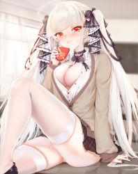 Rule 34 | 1girl, absurdres, alternate costume, arm at side, azur lane, between breasts, black nails, blunt bangs, blush, breasts, cardigan, chocolate, cleavage, collarbone, earrings, eyelashes, formidable (azur lane), frills, grey hair, highres, jewelry, large breasts, long hair, long sleeves, looking at viewer, nail polish, no bra, panties, pantyshot, plaid, plaid skirt, platinum blonde hair, pleated skirt, red eyes, ribbon, school uniform, sidelocks, sitting, skindentation, skirt, sleeves past wrists, smile, solo, stud earrings, theleopardcat, thighhighs, thighs, twintails, two-tone dress, two-tone ribbon, underwear, very long hair, white thighhighs