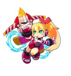 Rule 34 | 1girl, alpha transparency, android, bow, bow (weapon), call (mighty no. 9), chibi, crossbow, full body, gloves, green eyes, hair bow, headset, highres, jetpack, long hair, mighty gunvolt, mighty gunvolt burst, mighty no. 9, official art, open mouth, orange hair, parted lips, ponytail, simple background, solo, transparent background, weapon