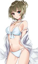 Rule 34 | 10s, 1girl, arms behind back, bad id, bad twitter id, bare shoulders, bikini, blue bikini, blue eyes, breasts, choker, cleavage, cowboy shot, earrings, front-tie bikini top, front-tie top, gluteal fold, green eyes, green hair, heterochromia, highres, idolmaster, idolmaster cinderella girls, jewelry, looking at viewer, medium breasts, misumi (macaroni), mole, mole under eye, navel, necklace, off shoulder, parted lips, simple background, smile, solo, strap slip, swimsuit, takagaki kaede, white background