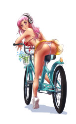 Rule 34 | 1girl, armpits, ass, back, bare legs, bicycle, bikini, bikini top only, blush, breasts, female focus, flower, from behind, full body, headphones, highres, large breasts, long hair, looking at viewer, looking back, mikki-malu, miniskirt, nitroplus, open mouth, panties, pantyshot, pink eyes, pink hair, polka dot, polka dot bikini, polka dot swimsuit, shoes, sideboob, simple background, sitting, skirt, sneakers, socks, solo, striped clothes, striped panties, super sonico, swimsuit, underwear, white background, yellow skirt