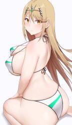 Rule 34 | 1girl, absurdres, arind yudha, ass, bikini, blonde hair, blush, closed mouth, earrings, from behind, hair ornament, highres, jewelry, kneeling, long hair, mythra (xenoblade), simple background, smile, solo, swimsuit, thighs, white background, white bikini, xenoblade chronicles (series), xenoblade chronicles 2, yellow eyes