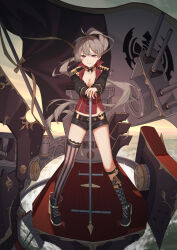 Rule 34 | 1girl, absurdres, aiguillette, asymmetrical footwear, asymmetrical legwear, azur lane, belt, black belt, black choker, black footwear, black shorts, boots, breasts, choker, cleavage, collarbone, corset, cross-laced clothes, cross-laced footwear, earrings, epaulettes, flag, floating hair, full body, gold trim, hair between eyes, hair ribbon, high collar, high ponytail, highres, holding, jean bart (azur lane), jewelry, knee boots, lace-up boots, light brown hair, long hair, long sleeves, looking at viewer, medium breasts, midriff peek, mismatched footwear, o-ring, o-ring choker, ocean, ponytail, purple eyes, ribbon, short shorts, shorts, sidelocks, single thighhigh, skull, skull belt, sleeve cuffs, solo, standing, striped clothes, striped thighhighs, thighhighs, turret, uneven legwear, v-shaped eyebrows, vertical-striped clothes, vertical-striped thighhighs, very long hair, vichya dominion (emblem), waves, weapon, xiamianhaiya