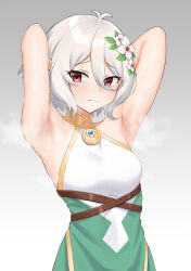 Rule 34 | 1girl, armpits, arms up, blush, closed mouth, dress, flower, furrowed brow, grey background, hair flower, hair ornament, highres, kokkoro (princess connect!), looking at viewer, m kong, paid reward available, princess connect!, red eyes, short hair, simple background, sleeveless, sleeveless dress, solo, sweat, upper body, white hair