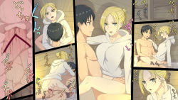 Rule 34 | 1boy, 1girl, absurdres, annie leonhart, artist request, bed, bed sheet, blonde hair, blue eyes, blush, breasts, brown hair, censored, eren yeager, happy sex, hetero, highres, hood, hood down, hooded jacket, jacket, japanese text, long hair, looking at another, medium breasts, nude, open mouth, sex, shingeki no kyojin, short hair, straddling, sweat, upright straddle