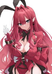Rule 34 | 1girl, animal ears, baobhan sith (fate), bow, bowtie, breasts, cleavage, cleavage cutout, clothing cutout, daysoon1124, dress, earrings, fake animal ears, fate/grand order, fate (series), finger heart, grey eyes, highres, jewelry, large breasts, leotard, long hair, looking at viewer, pink hair, playboy bunny, pointy ears, rabbit ears, red dress, red leotard, revealing clothes, sidelocks, simple background, solo, traditional bowtie, white background, wrist cuffs